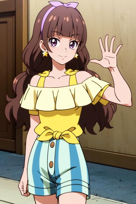 36047-2990939881-amanogawakist, 1girl, solo, purple hairband, star earrings, yellow shirt, bare shoulders, striped shorts, vertical stripes, smil.png